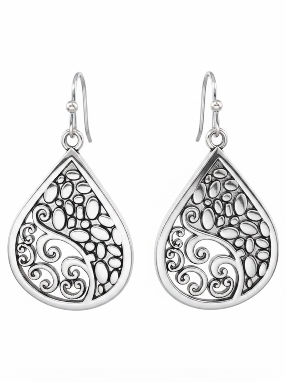 Silver Teardrop Filigree Earrings Openwork Dangle 1.45in